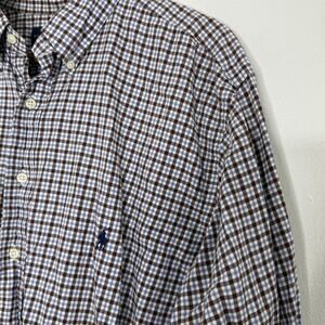 Ralph Lauren Shirt Mens XLT Brown Check Button Down Long Sleeve Embroidered